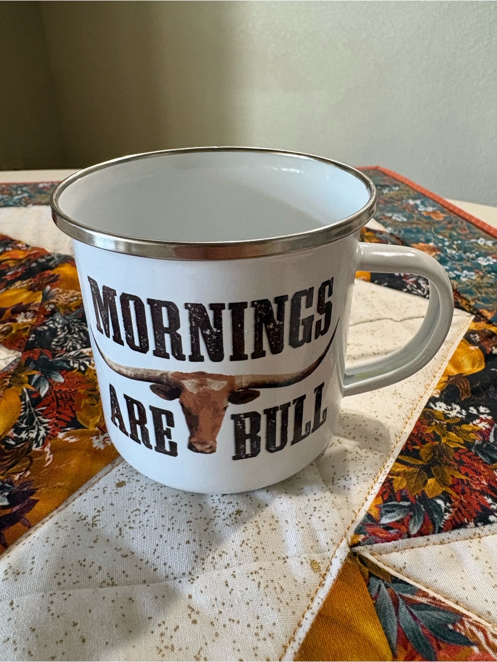 Mornings Are Bull White Enamel Camp Mug